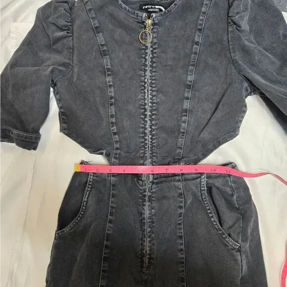 RETROFETE‎ black denim puff sleeve Kiara utility jumpsuit XS